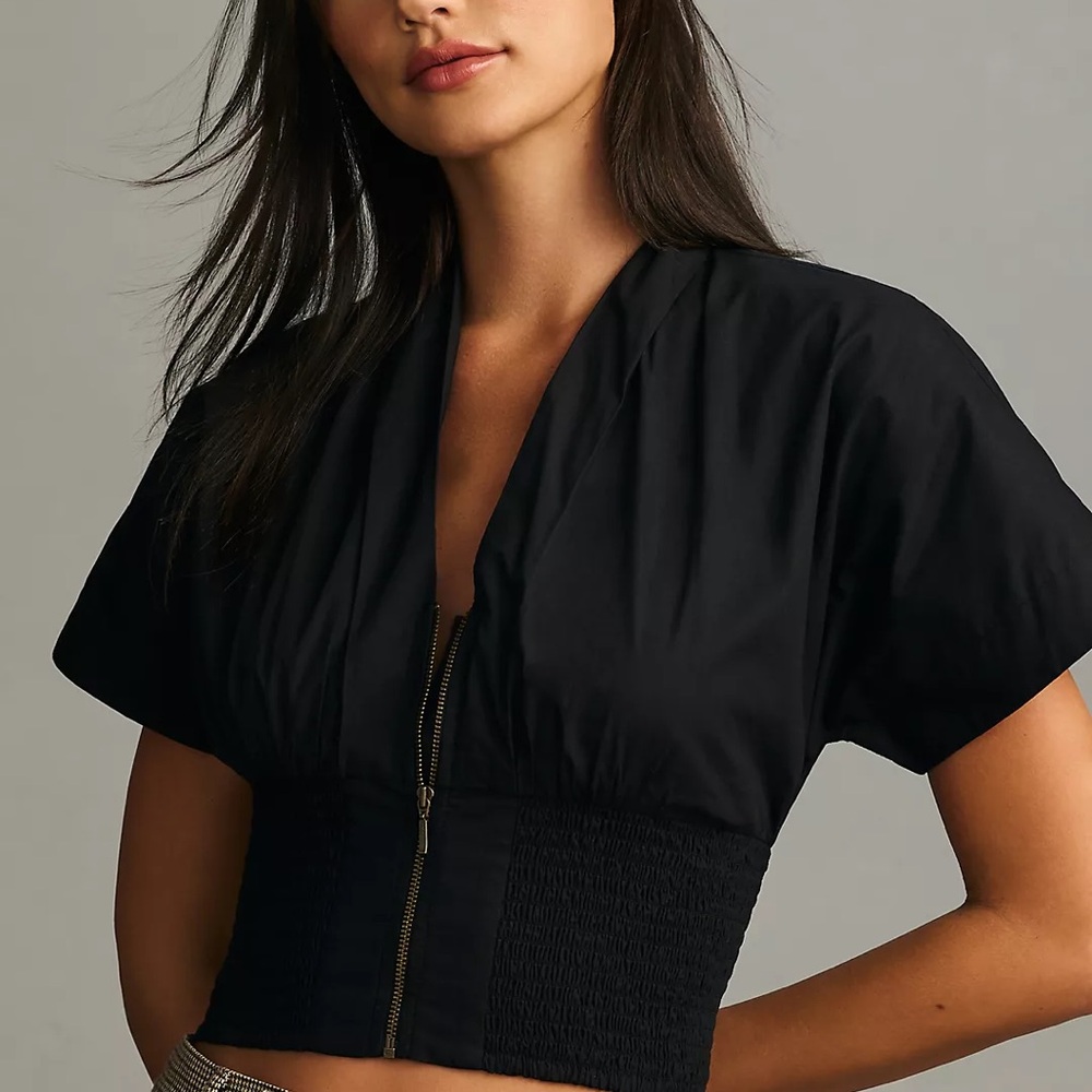 Maeve Short-Sleeve Zip-Front Blouse